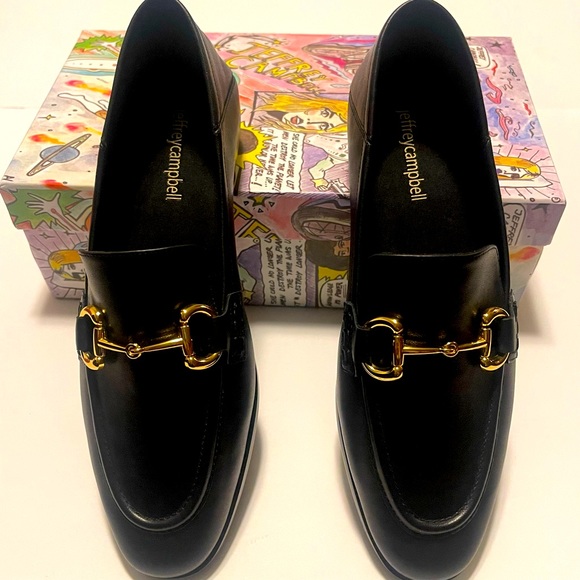 JEFFREY CAMPBELL “Velviteen Bit Leather” Flat Loafer Black Leather Gold Buckle - Picture 4 of 9
